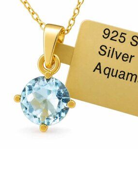 Created 1.06 CT Aquamarine Solitaire Pendant Necklace 14k Gold Plated (.925)